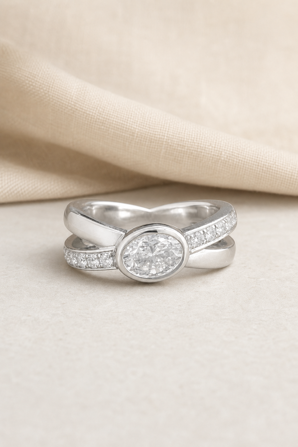 Impimo 1.35 CT Moissanite Ring with Oval Center Stone - 925 Silver 18K White Gold | display view on ivory linen