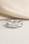 Impimo 1.35 CT Moissanite Ring with Oval Center Stone - 925 Silver 18K White Gold | display view on ivory linen