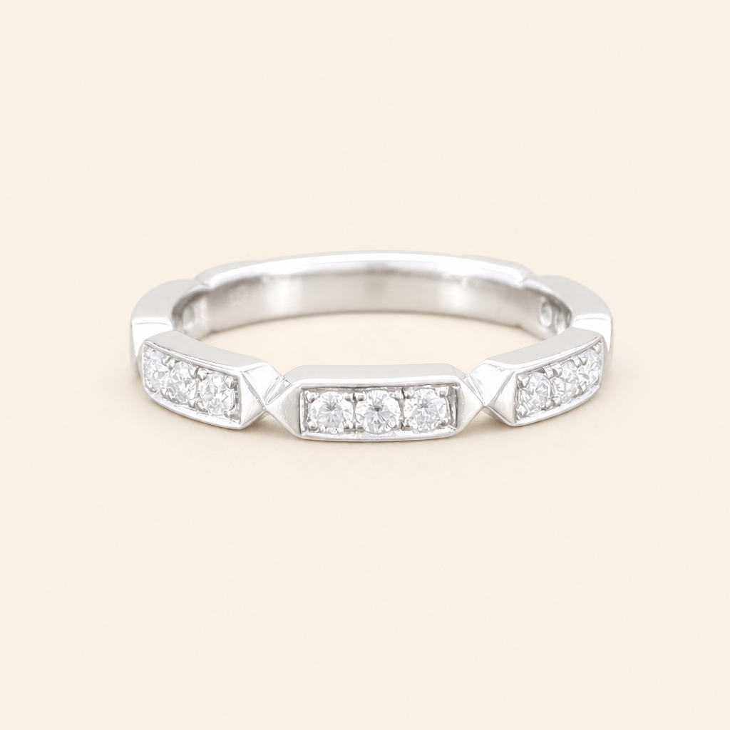 Impimo Moissanite Half Eternity Ring - 0.3 CT Total - 925 Silver 18K White Gold | packshot on ivory