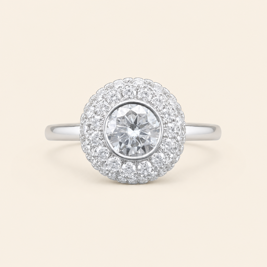 Impimo 0.5-1 CT Moissanite Halo Ring - 925 Sterling Silver 18K White Gold | packshot on ivory