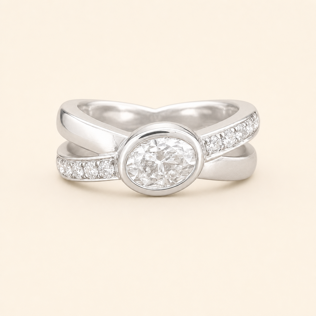 Impimo 1.35 CT Moissanite Ring with Oval Center Stone - 925 Silver 18K White Gold | packshot on ivory