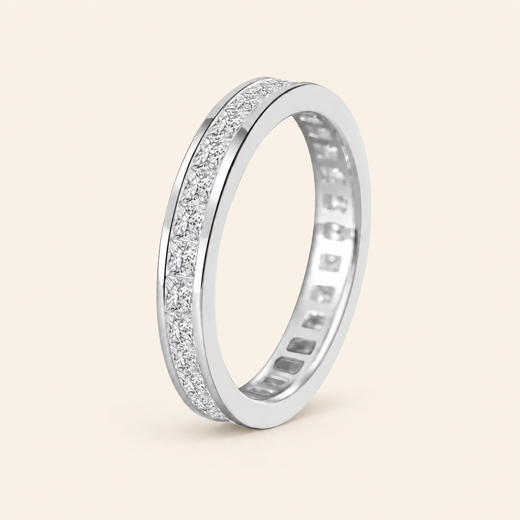 Impimo 2.3 CT Moissanite Princess Cut Ring - 925 Sterling Silver with 18K White Gold Plating | packshot on ivory