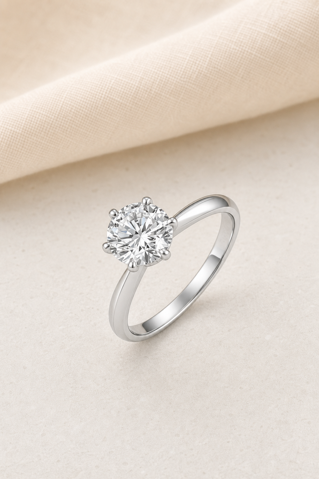 Impimo 0.5/1/2/3/5 CT Moissanite Round Cut Ring - 925 Sterling Silver with 18K White Gold Plating | display view on ivory linen