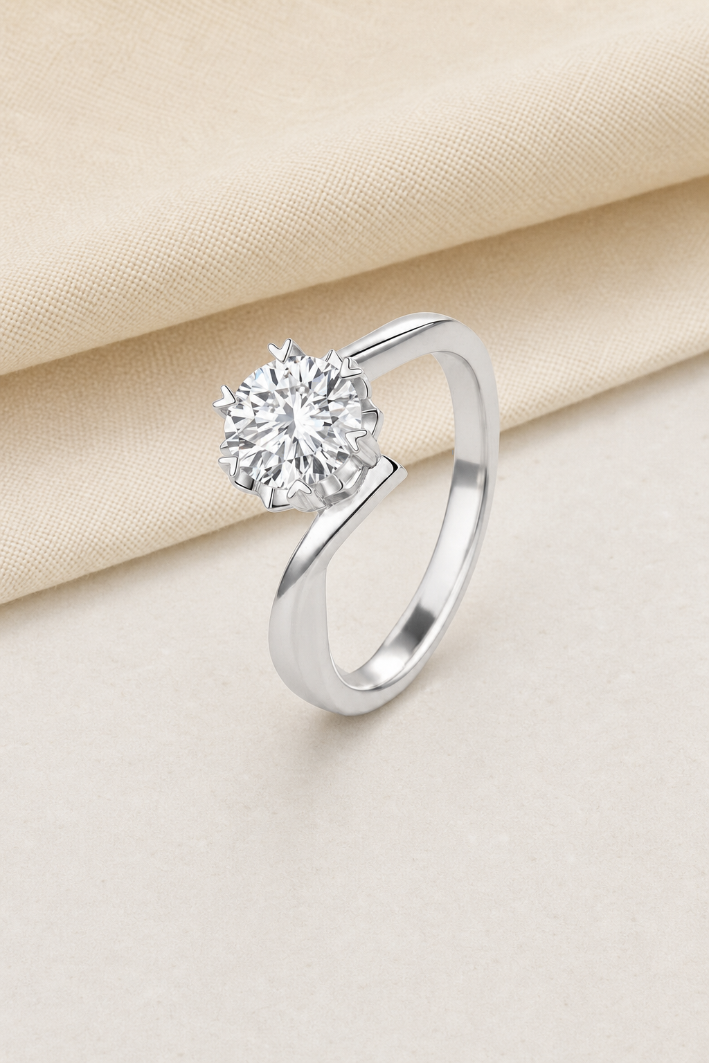 Impimo 0.5/1/2/3/5 CT Moissanite Round Cut Ring - 925 Sterling Silver with 18K White Gold Plating | display view on ivory linen