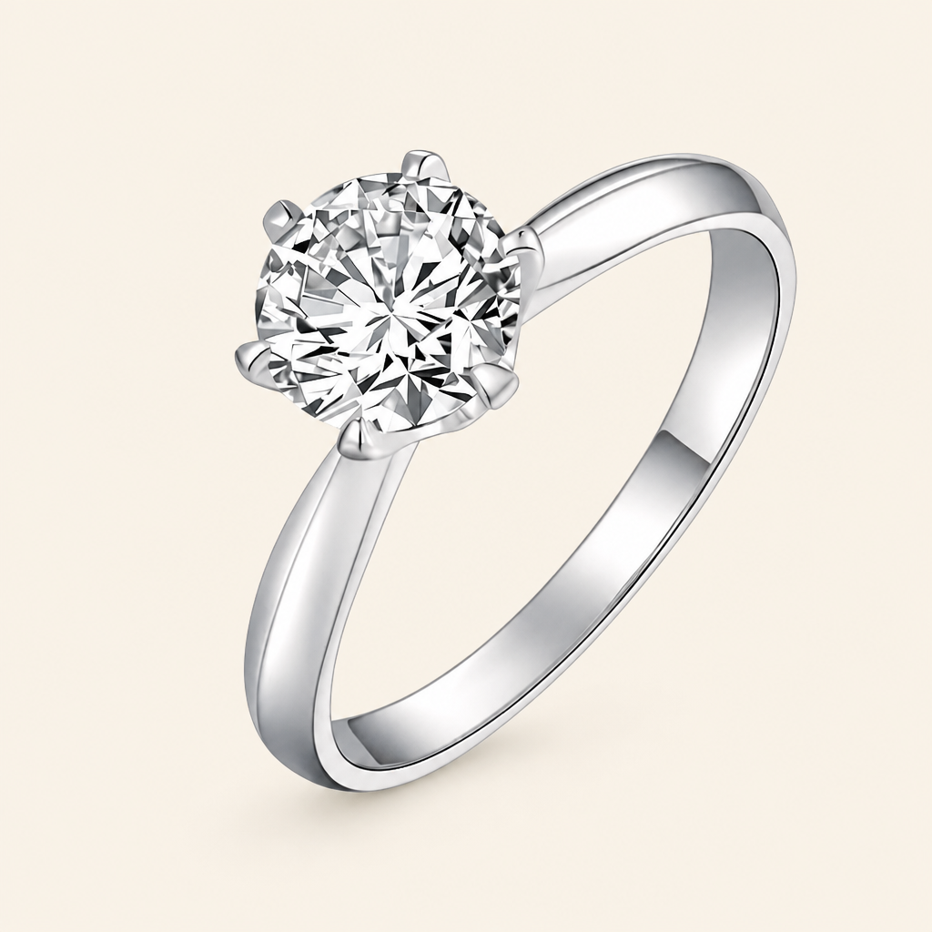 Impimo 0.5/1/2/3/5 CT Moissanite Round Cut Ring - 925 Sterling Silver with 18K White Gold Plating | packshot on ivory