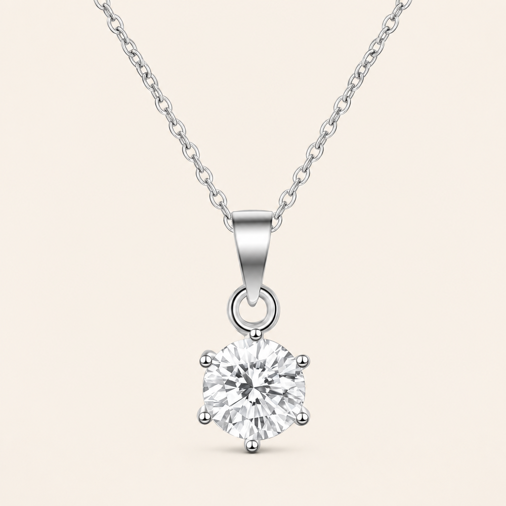 Impimo 1/2/3/5 CT Moissanite Round Cut Pendant - 925 Sterling Silver with 18K White Gold Plating | packshot on ivory