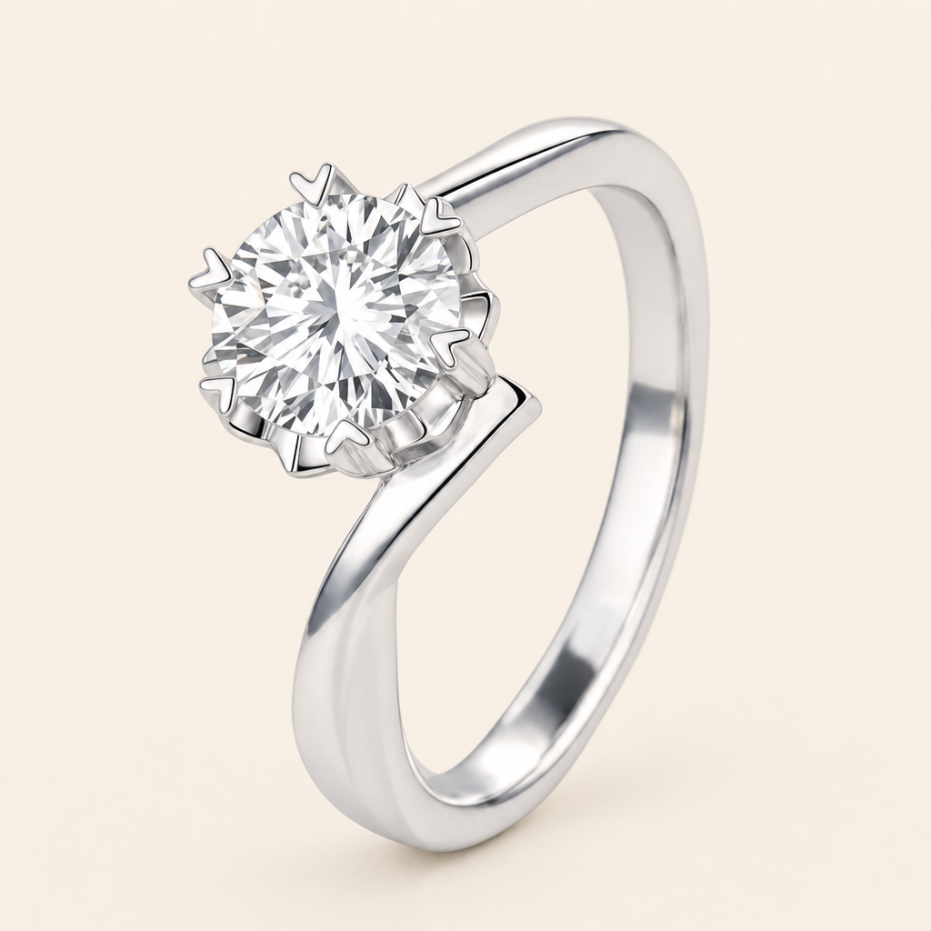 Impimo 0.5/1/2/3/5 CT Moissanite Round Cut Ring - 925 Sterling Silver with 18K White Gold Plating | packshot on ivory