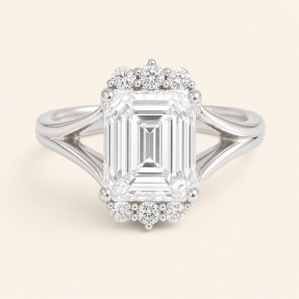 Impimo 3 CT Moissanite Emerald Cut Ring - 925 Sterling Silver with 18K White Gold Plating | packshot on ivory