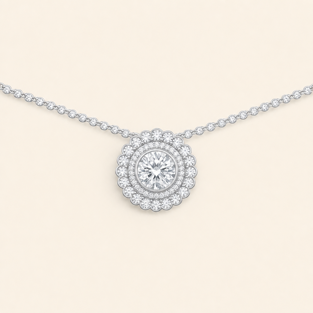 Impimo Moissanite Round Cut Pendant 2ct and 0.9ct - 925 Sterling Silver with 18K White Gold Plating | packshot on ivory