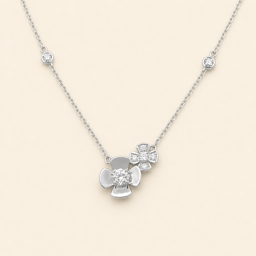 Impimo 0.5 CT Moissanite Dual Floral Necklace - 925 Silver 18K White Gold | packshot on ivory