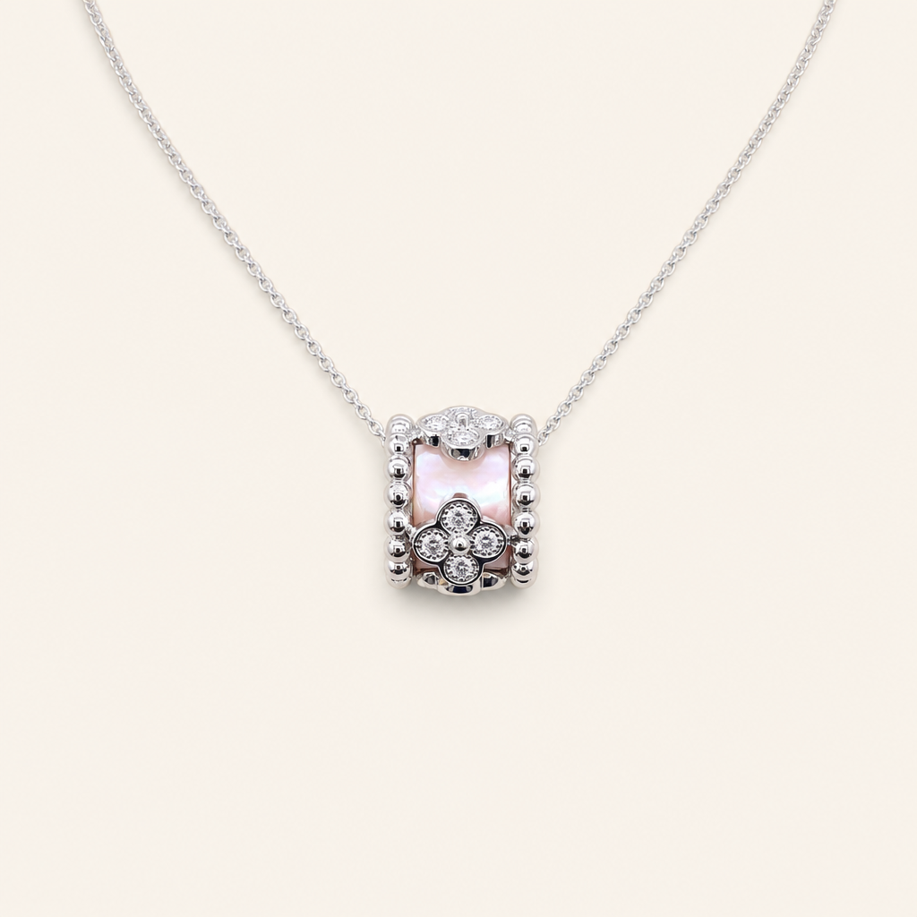 Impimo Natural Pink Mother of Pearl & Moissanite Flower Motif Slider Pendant - 925 Sterling Silver with 18K White Gold Plating | packshot on ivory