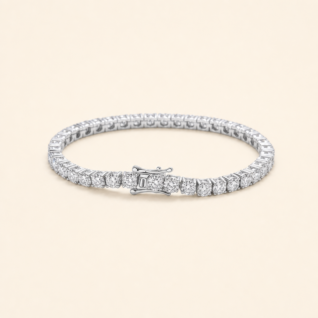 Impimo Moissanite Over 5 CT Round Cut Tennis Bracelet - 925 Sterling Silver (0.10 CT Per Stone) | packshot on ivory