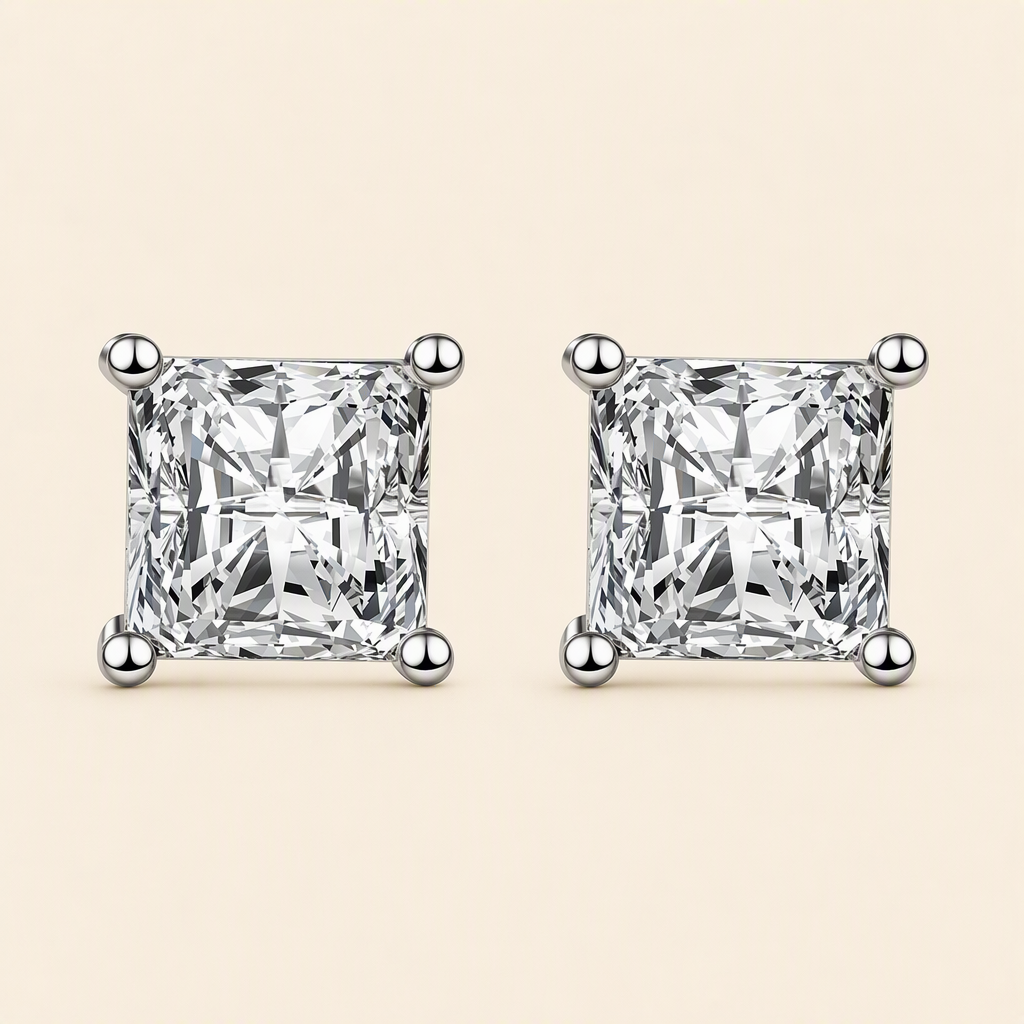 Impimo Moissanite Princess Cut Earrings - 925 Sterling Silver with 18K White Gold Plating | packshot on ivory