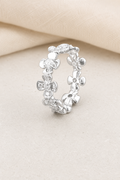 Impimo 1 CT Moissanite Floral Eternity Band Ring - 925 Silver 18K White Gold | display view on ivory linen