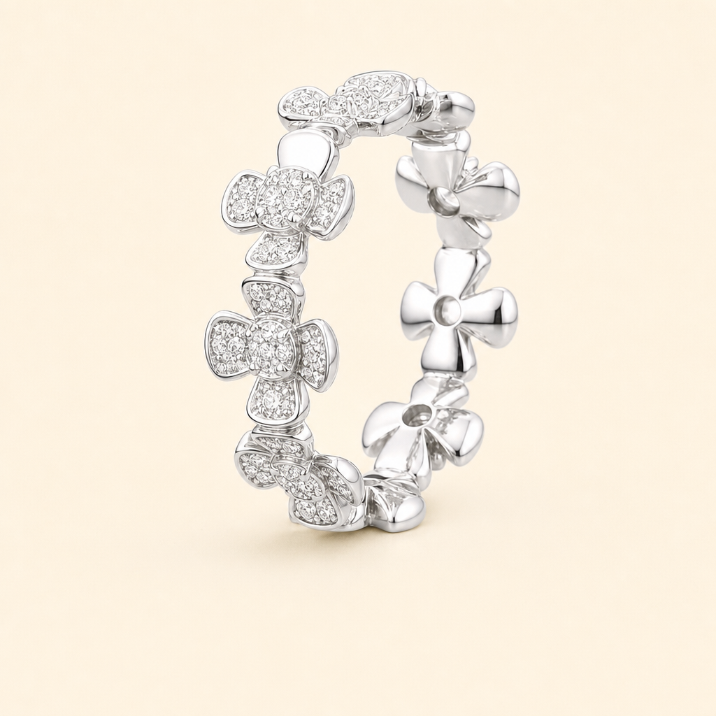 Impimo 1 CT Moissanite Floral Eternity Band Ring - 925 Silver 18K White Gold | packshot on ivory