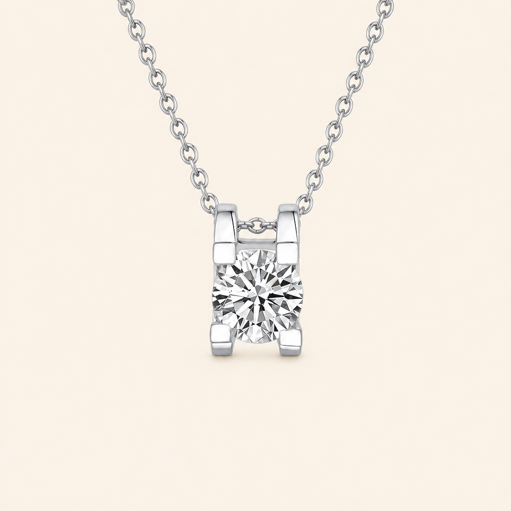 Impimo 1/2/3 CT Moissanite Round Cut Pendant - 925 Sterling Silver with 18K White Gold Plating | packshot on ivory