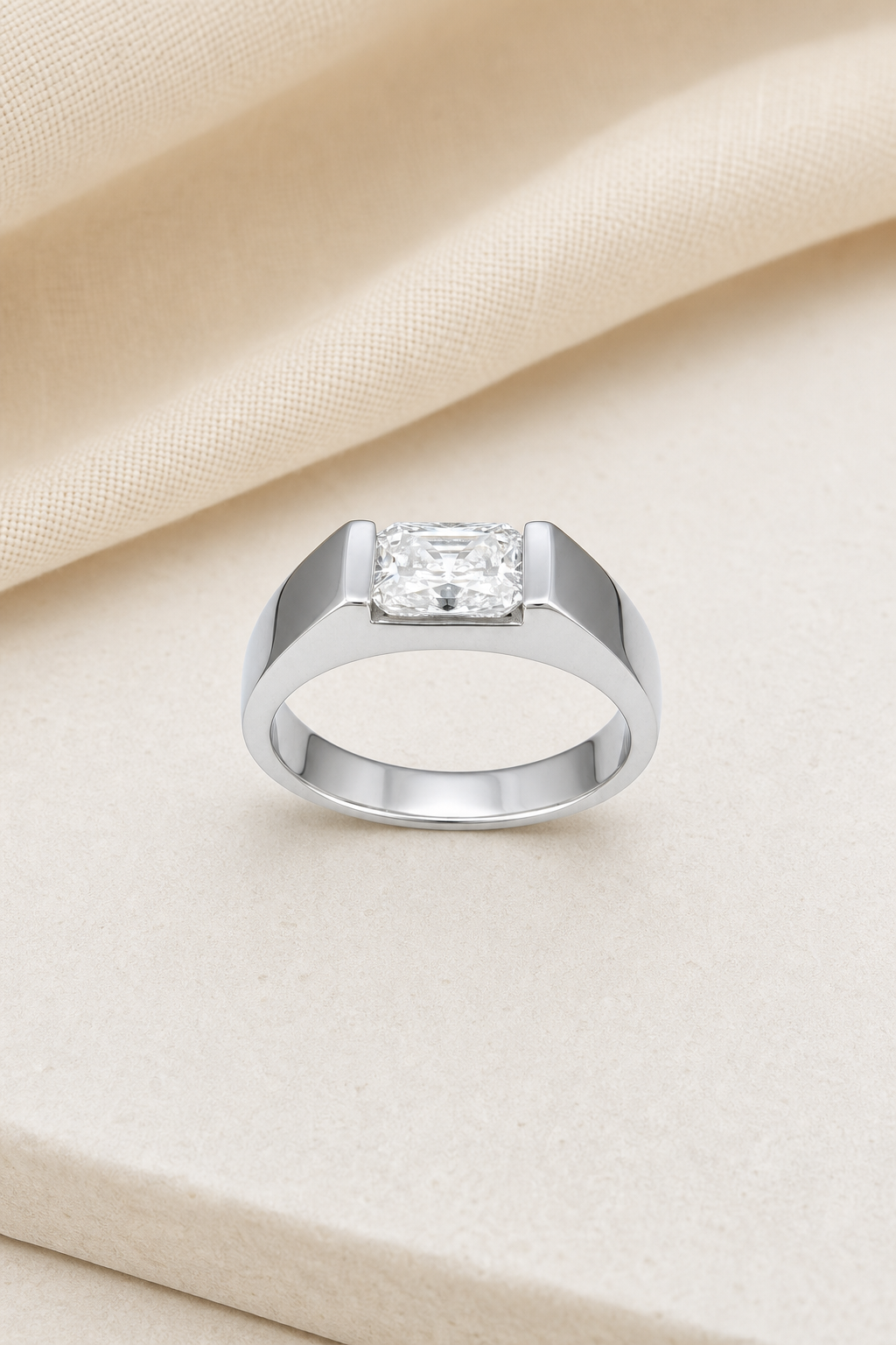 Impimo 1/2 CT Moissanite Radiant Cut Ring - 925 Sterling Silver with 18K White Gold Plating | display view on ivory linen