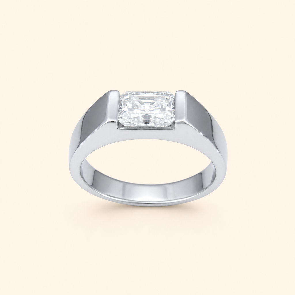 Impimo 1/2 CT Moissanite Radiant Cut Ring - 925 Sterling Silver with 18K White Gold Plating | packshot on ivory