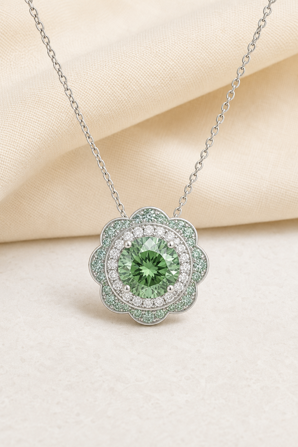 Impimo 2.55 CT Fancy Green Moissanite Pendant - Flower Design - 925 Sterling Silver with 18K White Gold Plating | display view on ivory linen
