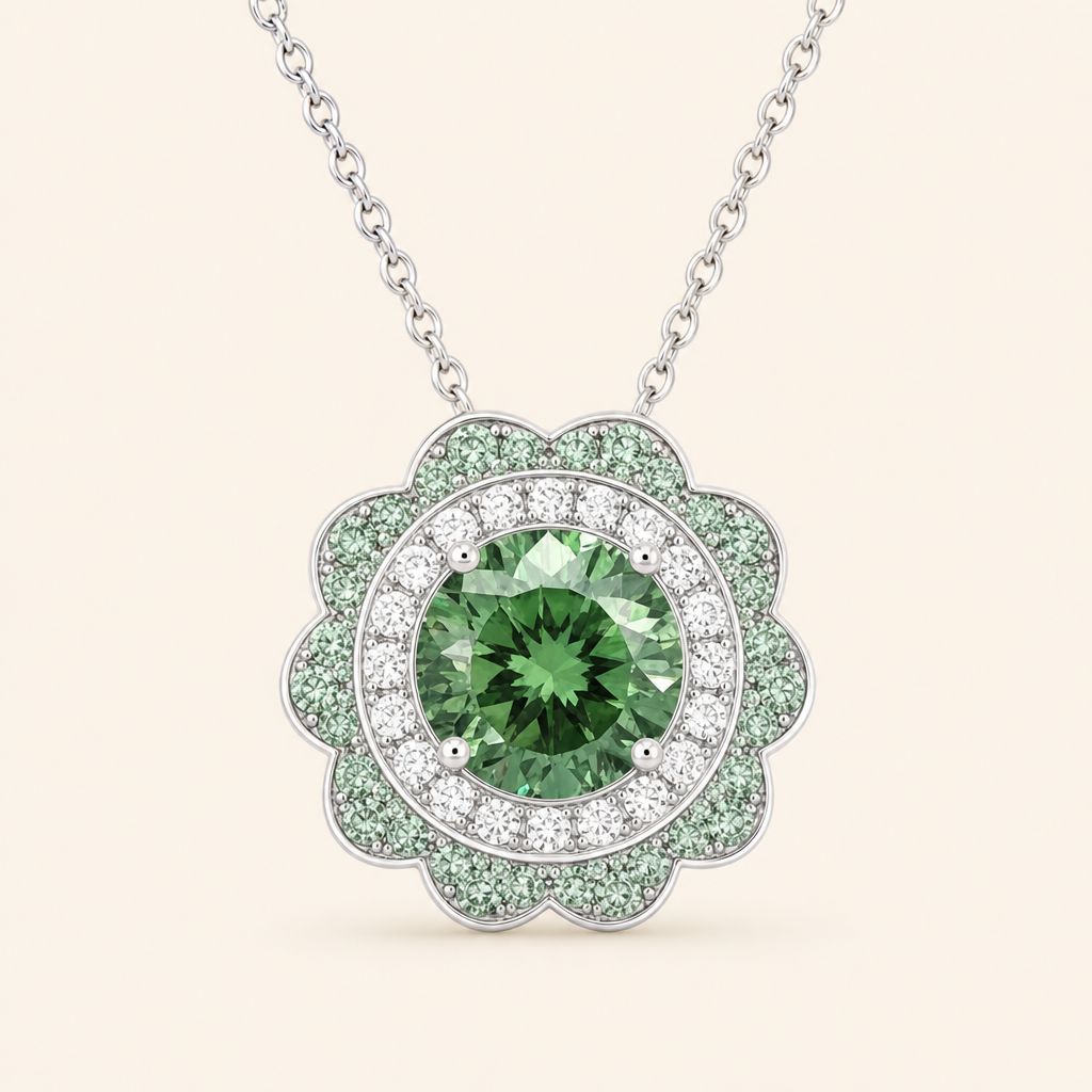 Impimo 2.55 CT Fancy Green Moissanite Pendant - Flower Design - 925 Sterling Silver with 18K White Gold Plating | packshot on ivory