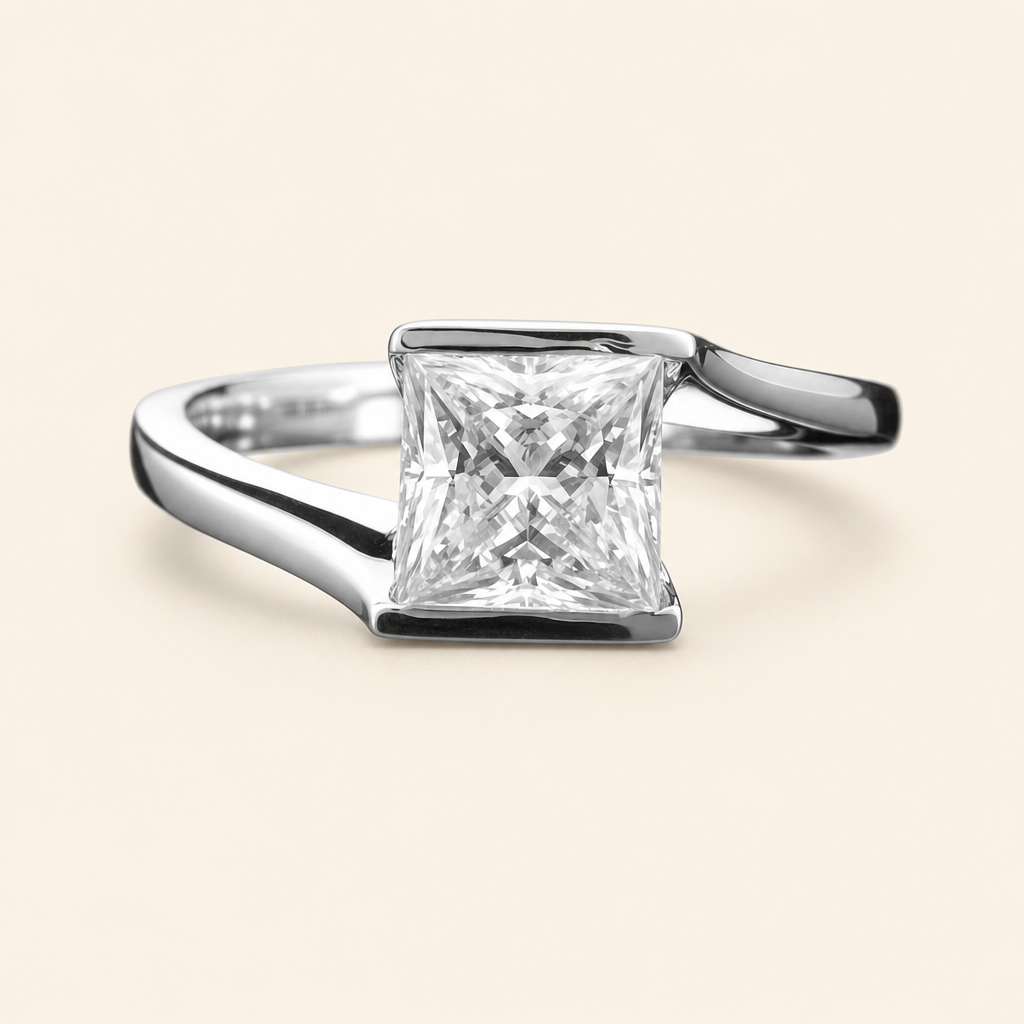 Impimo 1/2 CT Moissanite Princess Cut Ring - 925 Sterling Silver with 18K White Gold Plating | packshot on ivory