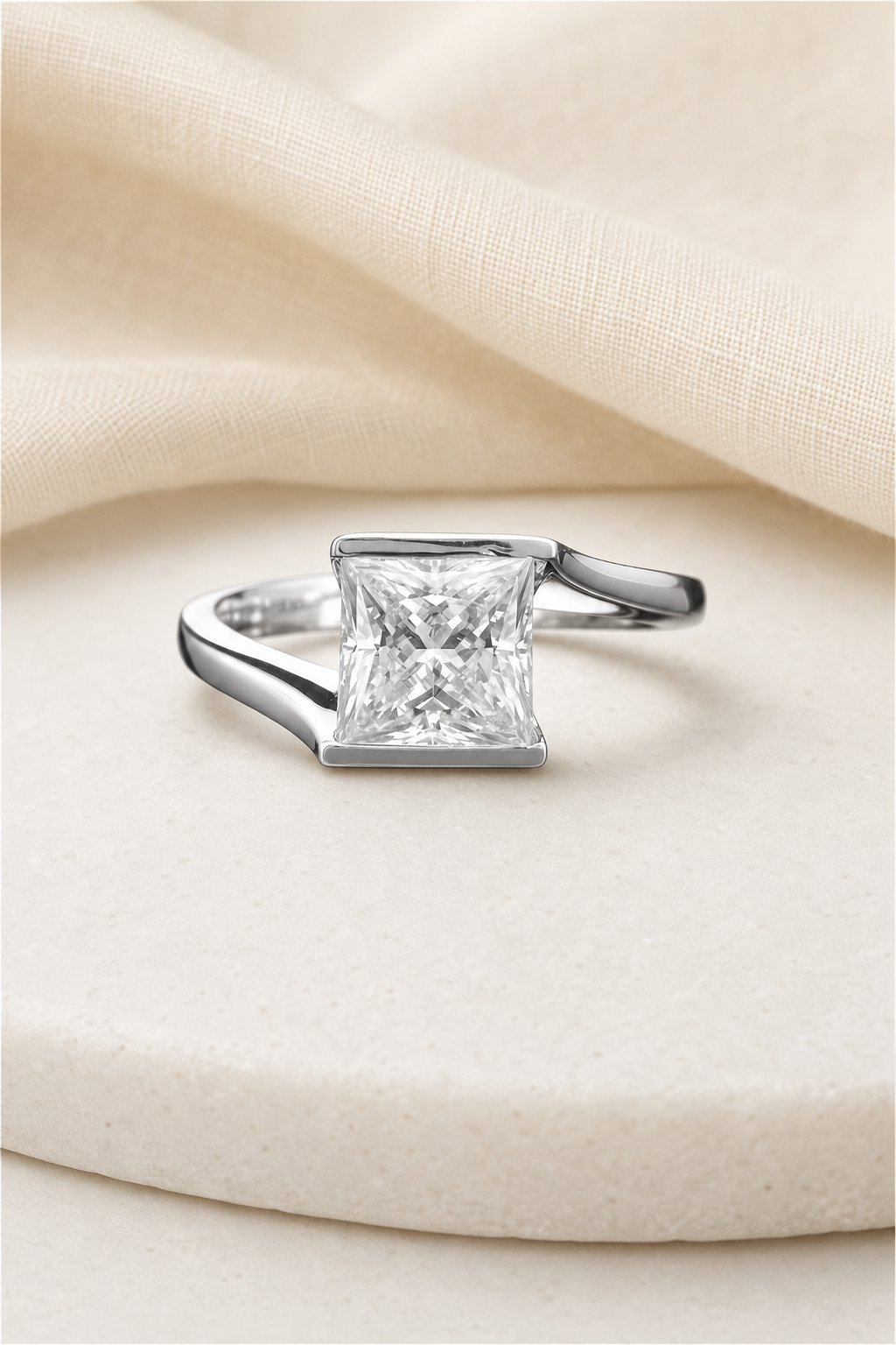 Impimo 1/2 CT Moissanite Princess Cut Ring - 925 Sterling Silver with 18K White Gold Plating | display view on ivory linen