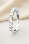 Impimo 0.9 CT Lab-Grown Diamond Round Cut Ring - Prong-Set Eternity Band - 925 Sterling Silver with 18K White Gold Plating | display view on ivory linen