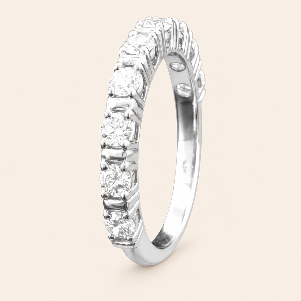 Impimo 0.9 CT Lab-Grown Diamond Round Cut Ring - Prong-Set Eternity Band - 925 Sterling Silver with 18K White Gold Plating | packshot on ivory