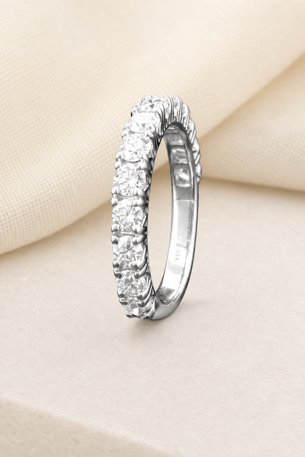 Impimo 1.3 CT Lab-Grown Diamond Round Cut Ring - 925 Sterling Silver with 18K White Gold Plating | display view on ivory linen