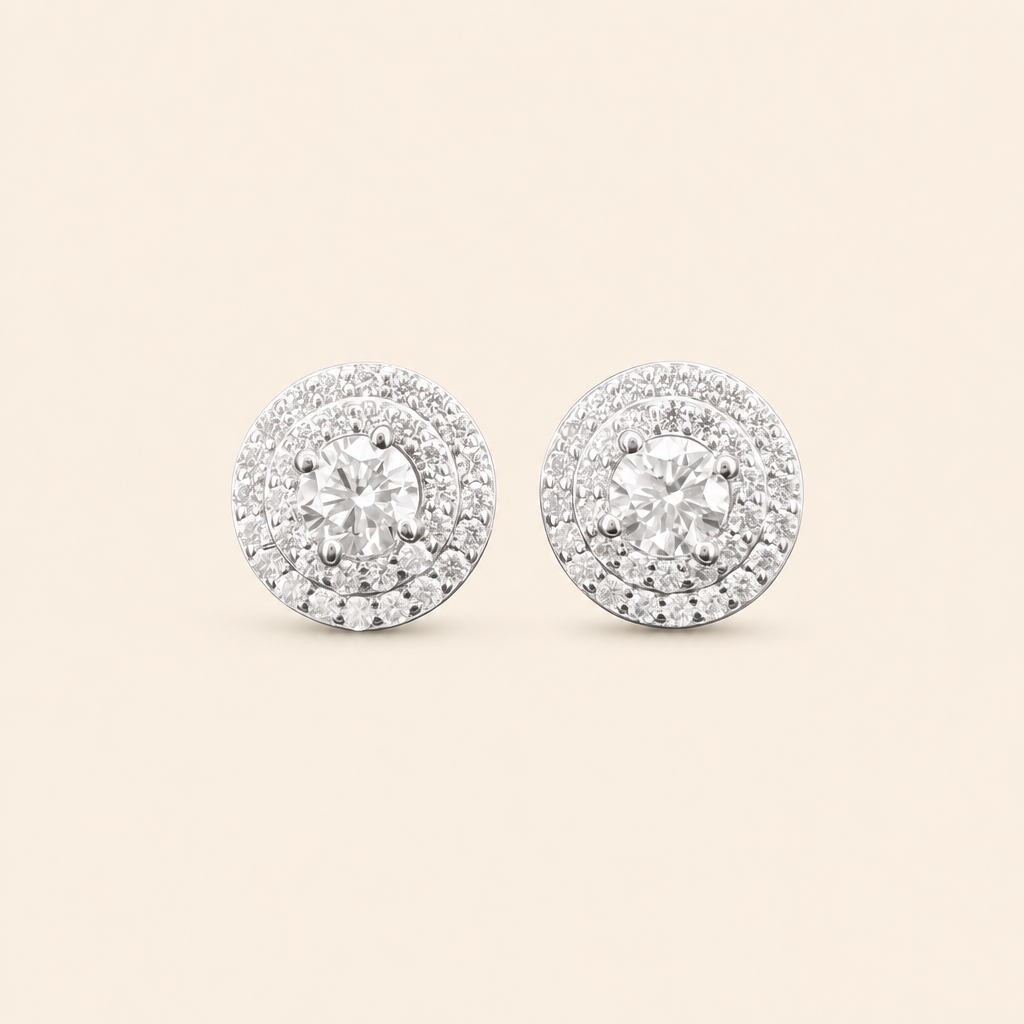 Impimo 0.55/1 CT (Pair) Moissanite Round Cut Earrings - 925 Sterling Silver with 18K White Gold Plating | packshot on ivory