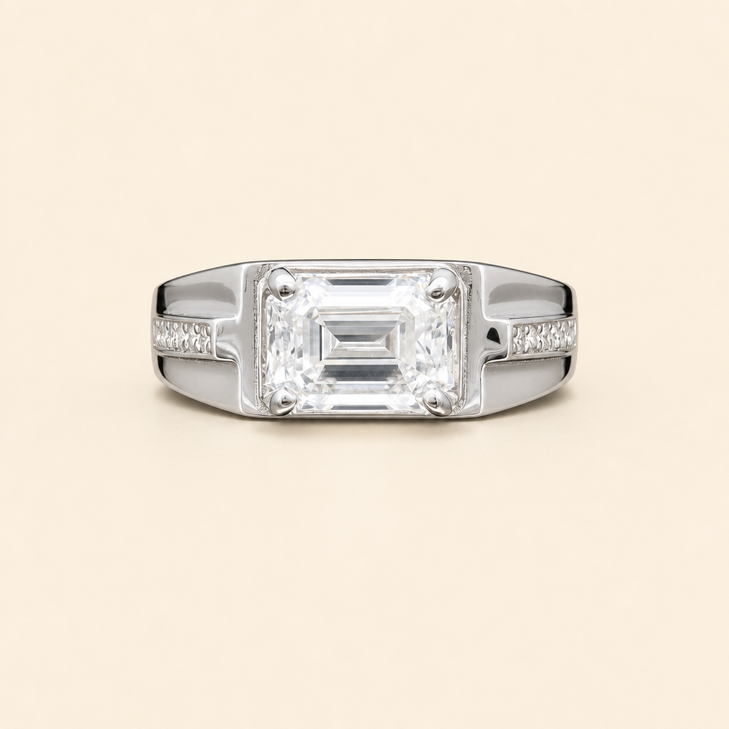 Impimo 1/2 CT Moissanite Emerald Cut Ring - 925 Sterling Silver with 18K White Gold Plating | packshot on ivory