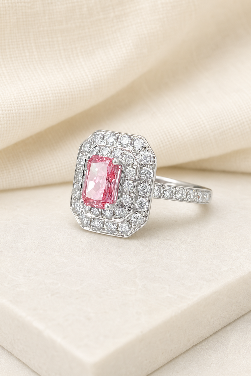 Impimo Fancy Vivid Pink Lab-Grown Diamond Radiant & Heart Cut Ring - 9K White Gold | display view on ivory linen