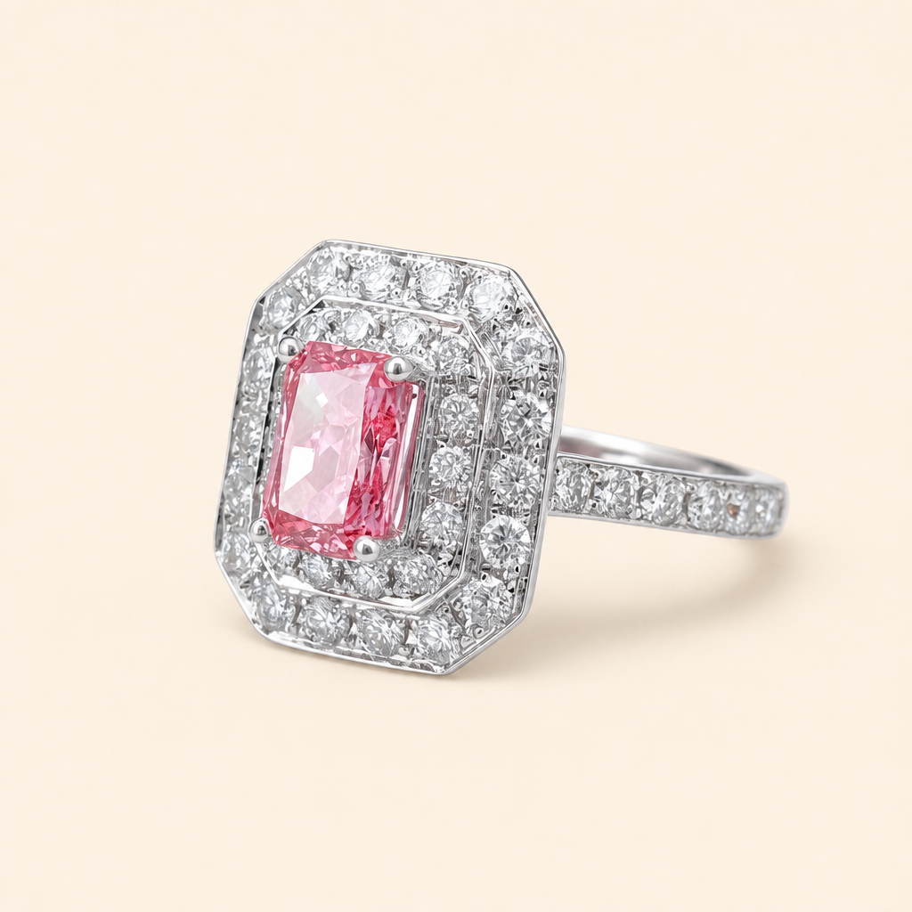 Impimo Fancy Vivid Pink Lab-Grown Diamond Radiant & Heart Cut Ring - 9K White Gold | packshot on ivory