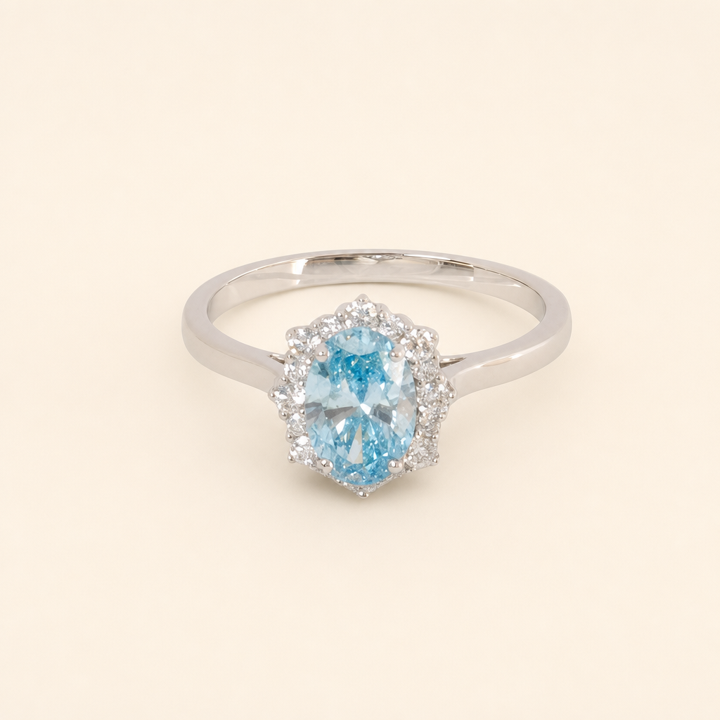 Impimo 1.27 CT Fancy Vivid Blue Lab-Grown Diamond Oval Cut Ring - 9K White Gold | packshot on ivory