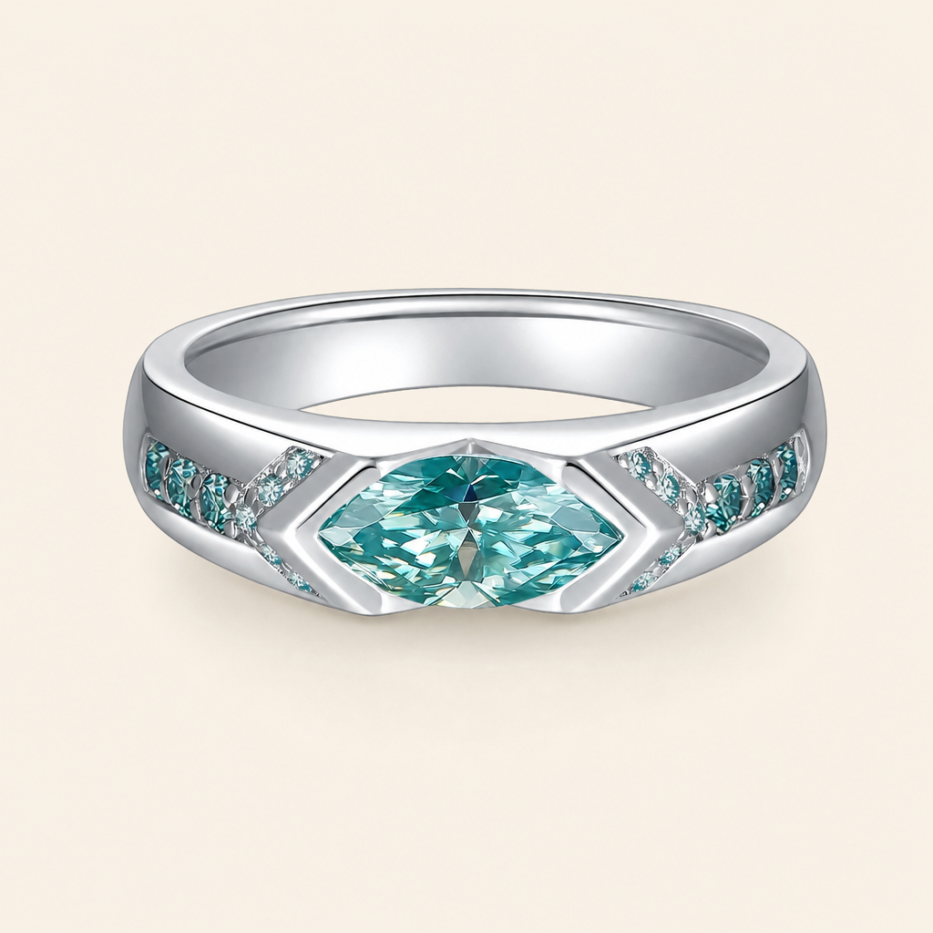 Impimo 2 CT Fancy Green Moissanite Marquise Cut Ring - 925 Sterling Silver with 18K White Gold Plating | packshot on ivory