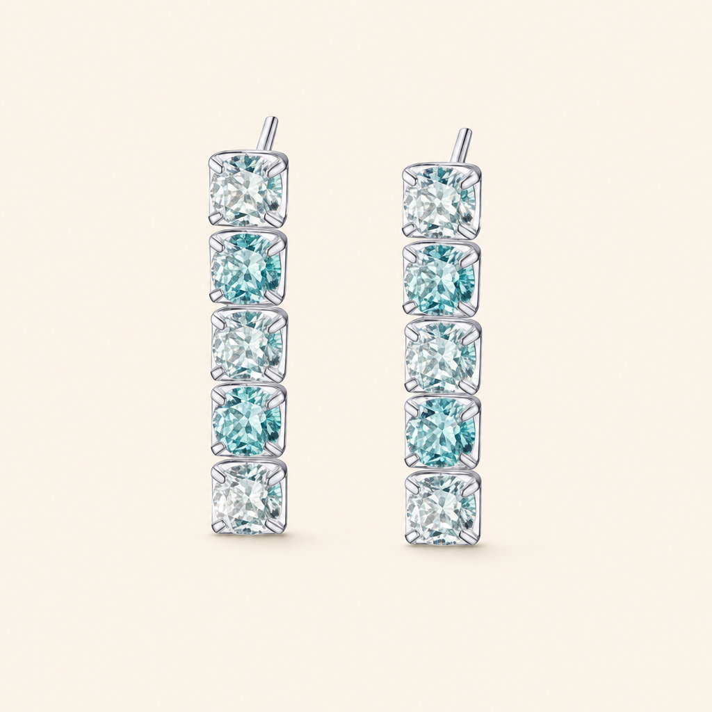 Impimo 3 CT (Total) Fancy Green Moissanite Round Cut Earrings - 925 Sterling Silver with 18K White Gold Plating | packshot on ivory