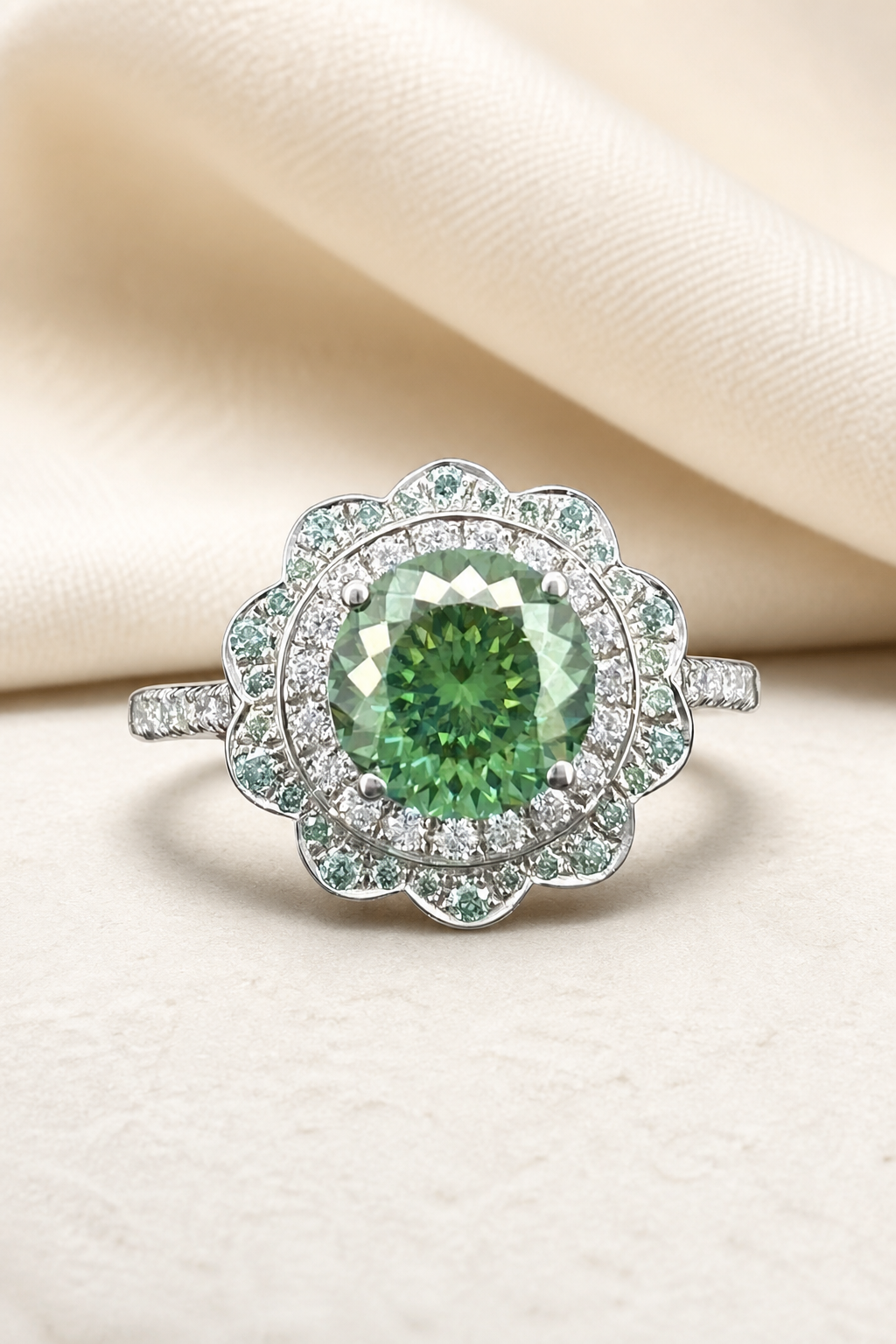 Impimo 2.55 CT Fancy Green Moissanite Ring - Flower Halo Design - 925 Sterling Silver with 18K White Gold Plating | display view on ivory linen