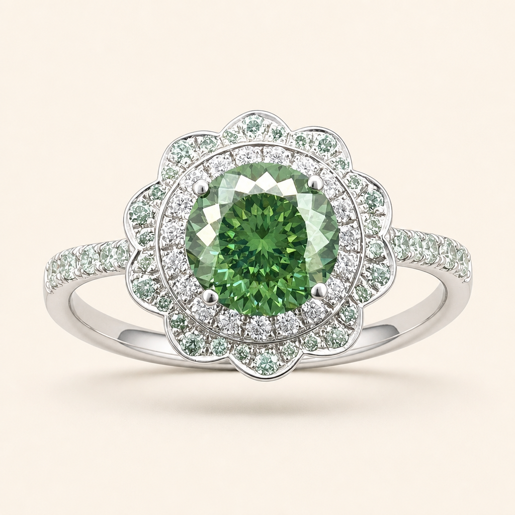Impimo 2.55 CT Fancy Green Moissanite Ring - Flower Halo Design - 925 Sterling Silver with 18K White Gold Plating | packshot on ivory