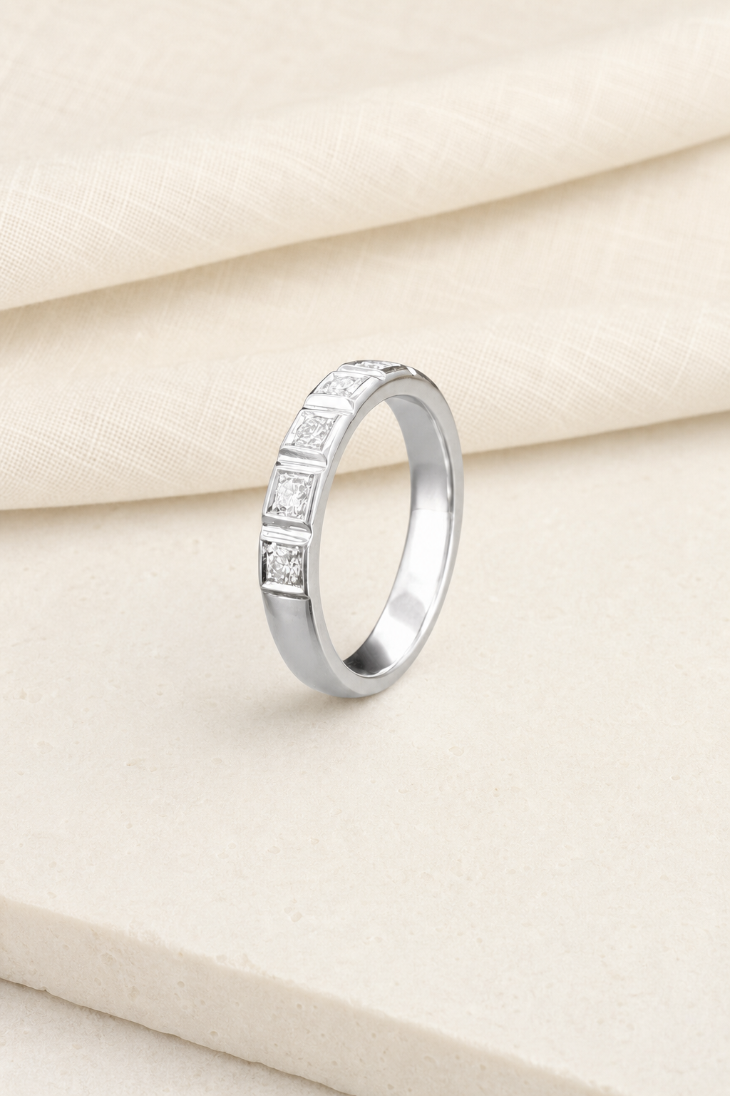 Impimo 0.4 CT Lab-Grown Diamond Round Cut Ring - 925 Sterling Silver with 18K White Gold Plating | display view on ivory linen
