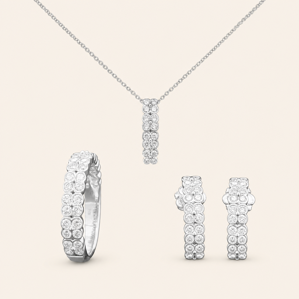 Impimo Lab-Grown Diamond Jewelry Set - Ring, Pendant & Earrings - Round Cut - 925 Sterling Silver with 18K White Gold Plating | packshot on ivory