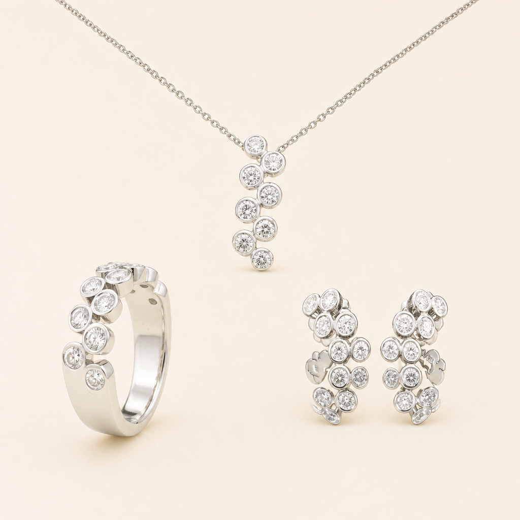 Impimo Lab-Grown Diamond Jewelry Set - Ring & Earrings - Round Cut - 925 Sterling Silver with 18K White Gold Plating | packshot on ivory