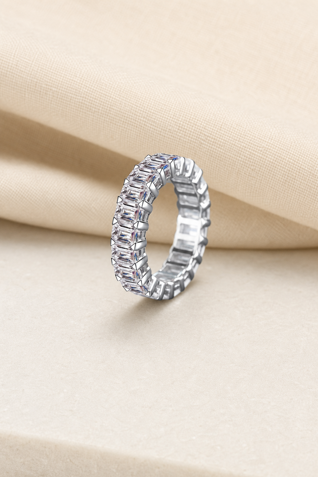 Impimo 10.5 CT Moissanite Emerald Cut Eternity Ring - 925 Sterling Silver with 18K White Gold Plating | display view on ivory linen