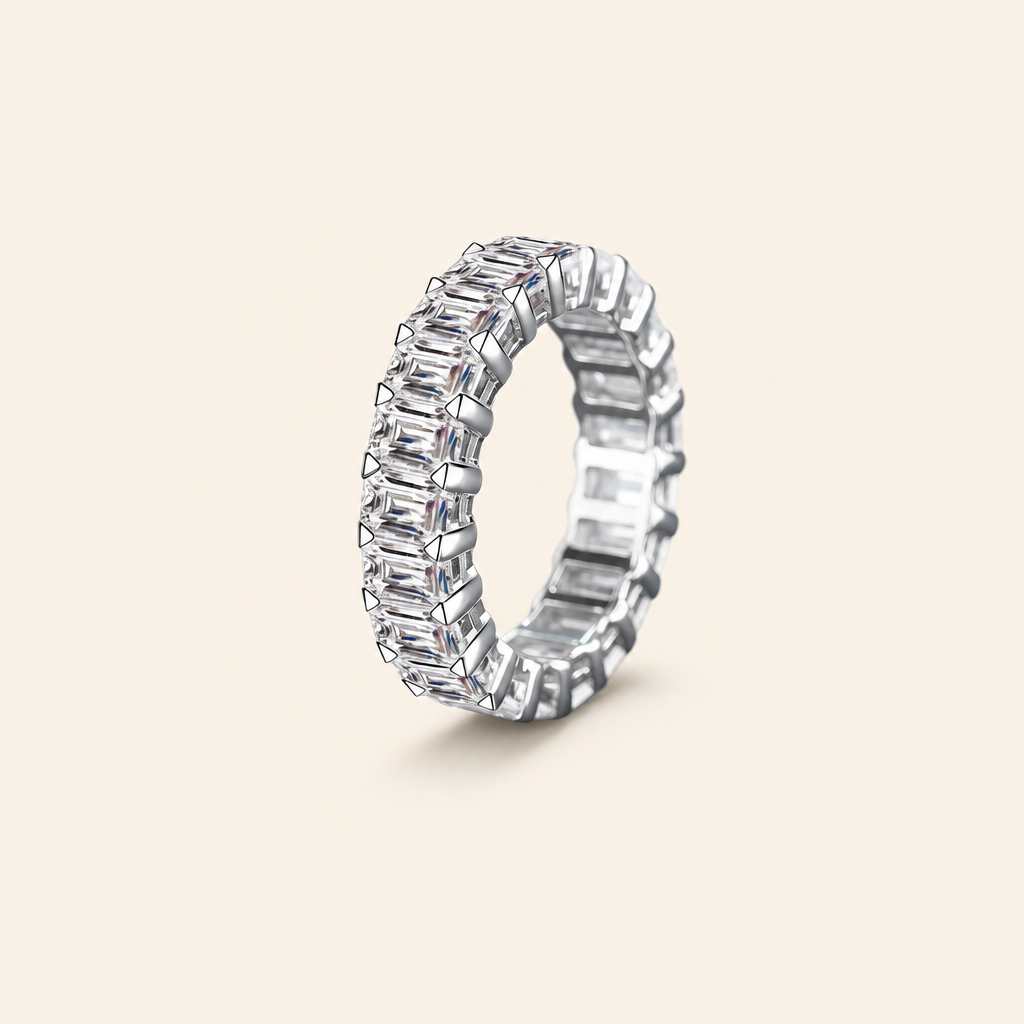 Impimo 10.5 CT Moissanite Emerald Cut Eternity Ring - 925 Sterling Silver with 18K White Gold Plating | packshot on ivory