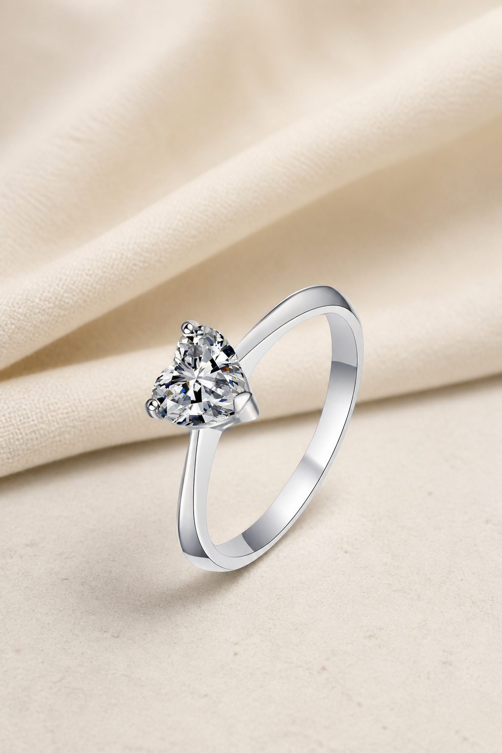 Impimo 0.5/1/2 CT Moissanite Heart Cut Ring - 925 Sterling Silver with 18K White Gold Plating | display view on ivory linen