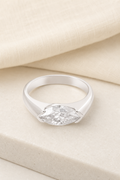 Impimo 1/2 CT Moissanite Marquise Cut Ring - 925 Sterling Silver with 18K White Gold Plating | display view on ivory linen