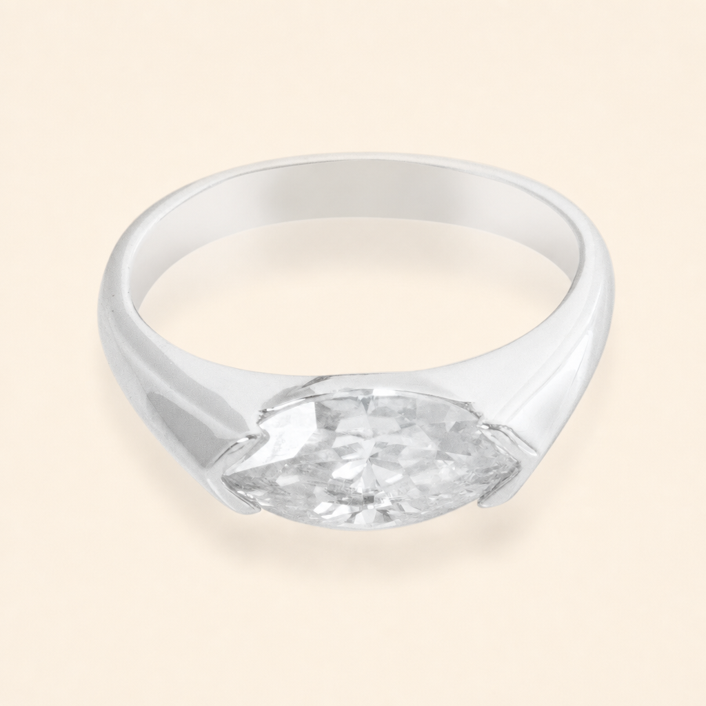 Impimo 1/2 CT Moissanite Marquise Cut Ring - 925 Sterling Silver with 18K White Gold Plating | packshot on ivory