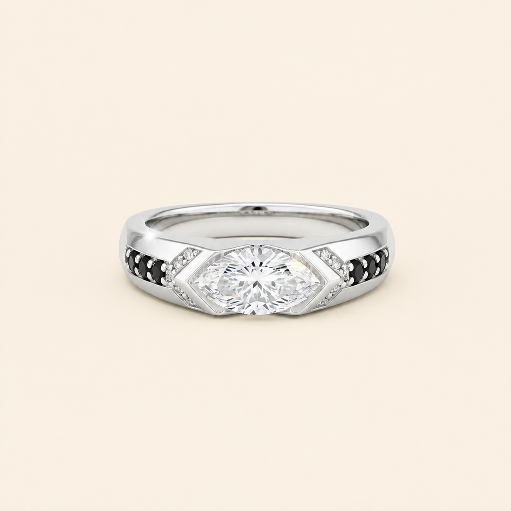 Impimo 1 CT Moissanite Marquise Cut Ring - 925 Sterling Silver with 18K White Gold Plating | packshot on ivory