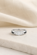 Impimo 1 CT Moissanite Marquise Cut Ring - 925 Sterling Silver with 18K White Gold Plating | display view on ivory linen