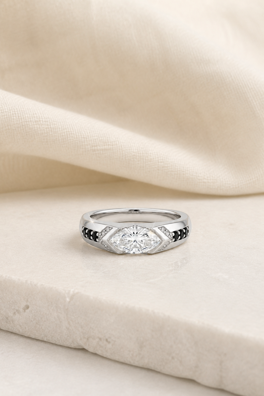 Impimo 1 CT Moissanite Marquise Cut Ring - 925 Sterling Silver with 18K White Gold Plating | display view on ivory linen