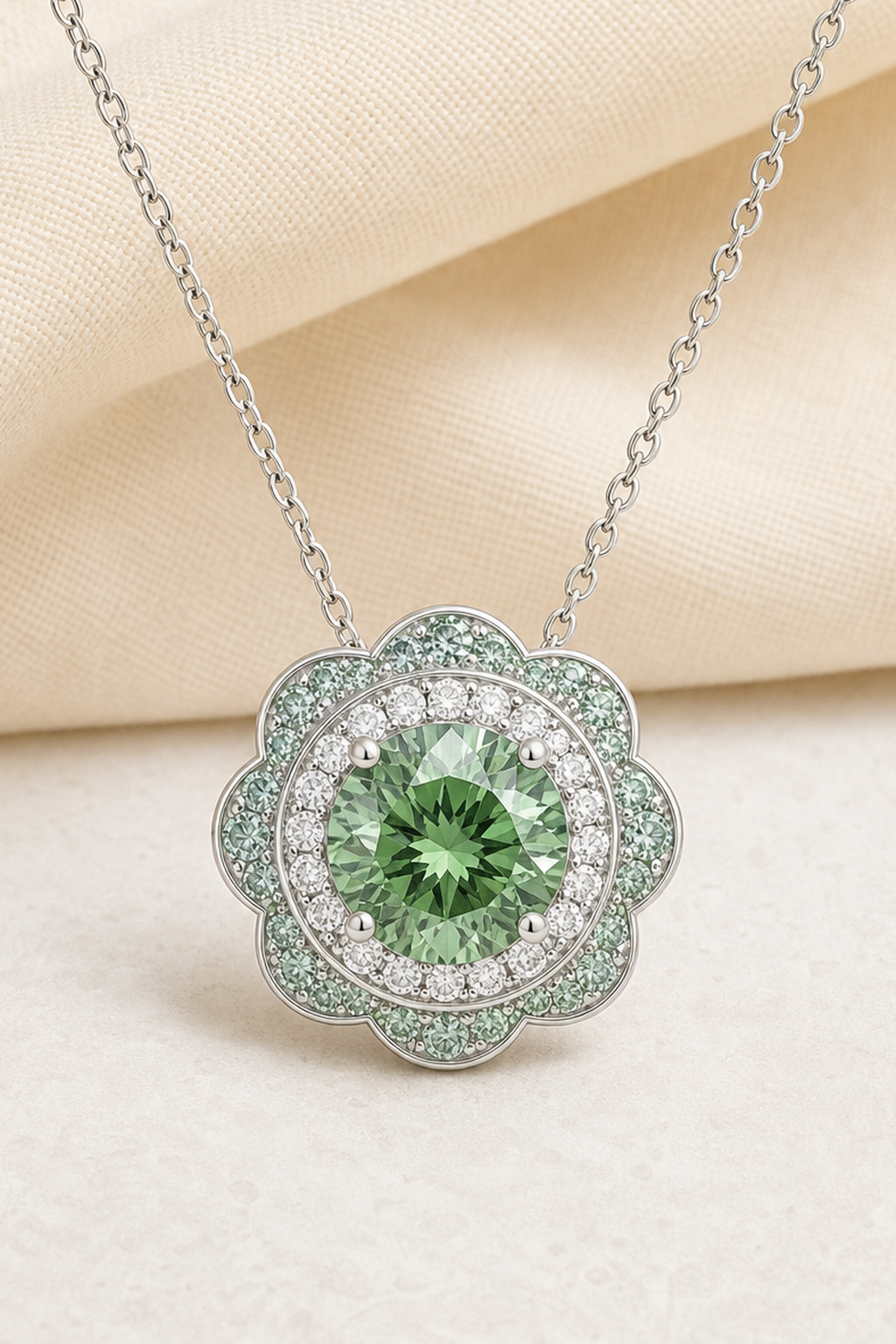 Impimo 2.55 CT Fancy Green Moissanite Pendant - Flower Design - 925 Sterling Silver with 18K White Gold Plating | close-up detail of the setting